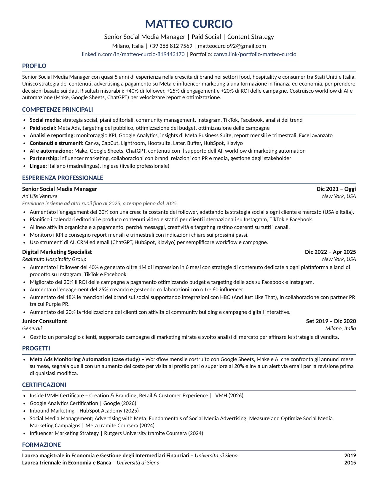 Resume of Matteo Curcio, Senior Social Media Manager