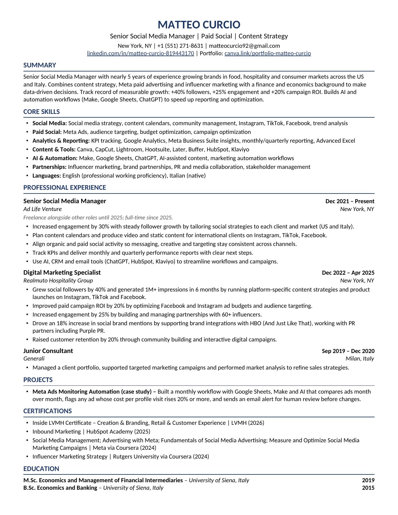 Resume of Matteo Curcio, Senior Social Media Manager